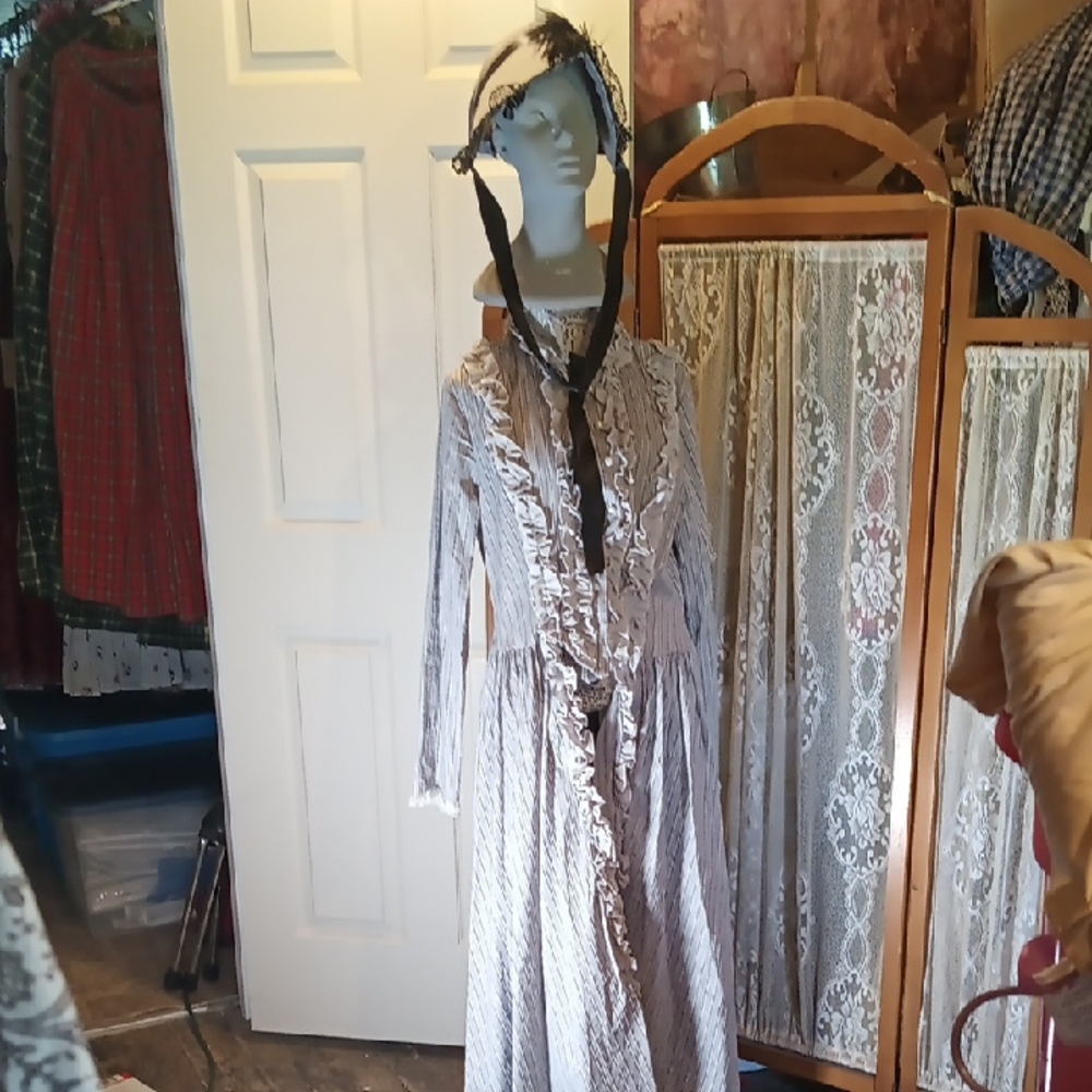 Victorian Choice Lace Dress in Gray and Cream With Matching Bonnet